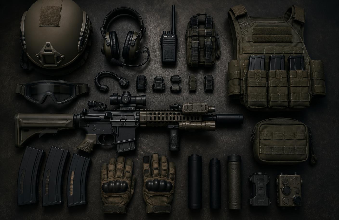 Airsoft-Ausrüstung übersichtlich auf einer dunklen Werkbank