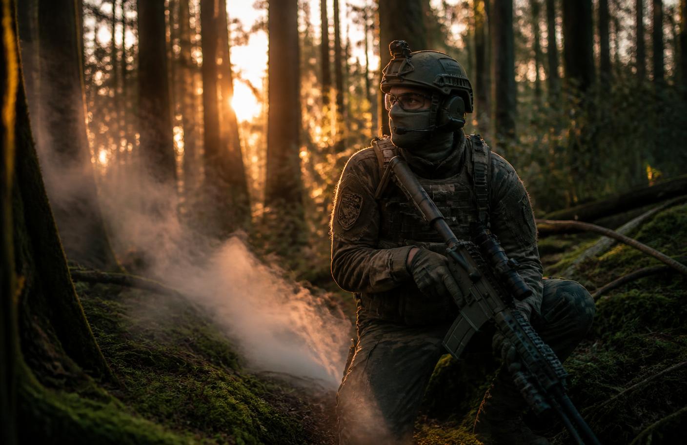 Airsoft-Spieler in einem Wald bei goldenem Licht