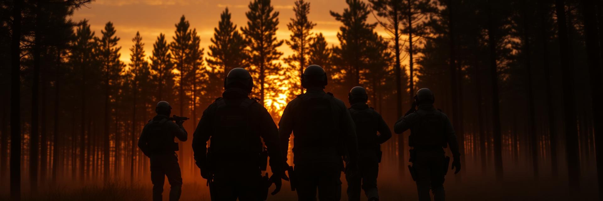 Airsoft-Team im Wald bei Sonnenuntergang